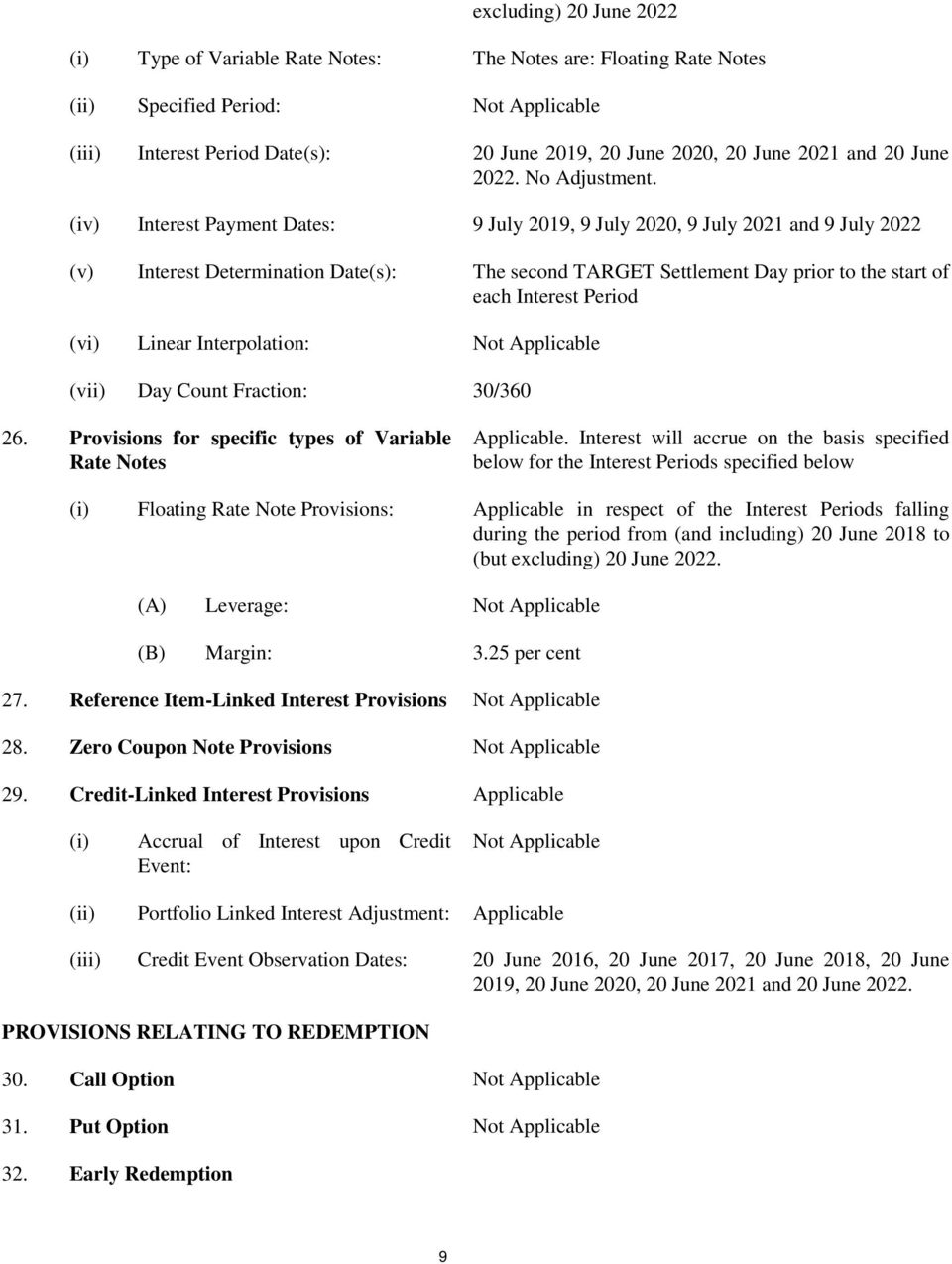 (iv) Interest Payment Dates: 9 July 2019, 9 July 2020, 9 July 2021 and 9 July 2022 (v) Interest Determination Date(s): The second TARGET Settlement Day prior to the start of each Interest Period (vi)