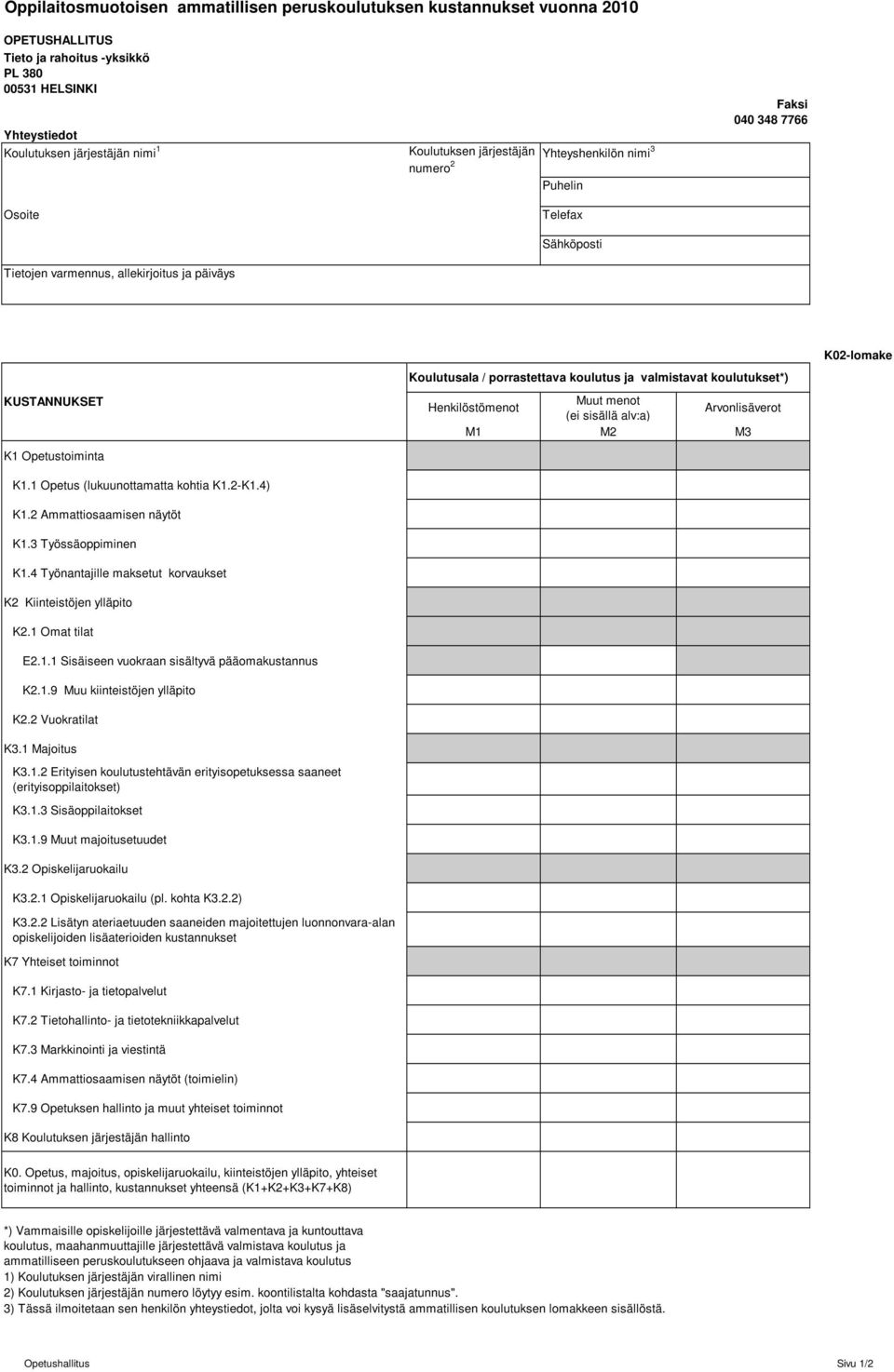 1 Opetus (lukuunottamatta kohtia K1.2-K1.4) K1.2 Ammattiosaamisen näytöt K1.3 Työssäoppiminen K1.4 Työnantajille maksetut korvaukset K2 Kiinteistöjen ylläpito K2.1 Omat tilat E2.1.1 Sisäiseen vuokraan sisältyvä pääomakustannus K2.