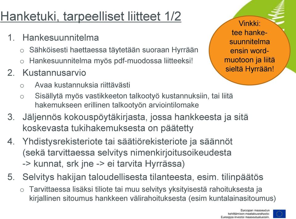 Jäljennös kokouspöytäkirjasta, jossa hankkeesta ja sitä koskevasta tukihakemuksesta on päätetty 4.