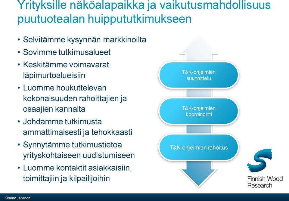 kannalta Johdamme tutkimusta ammattimaisesti ja tehokkaasti Synnytämme tutkimustietoa yrityskohtaiseen uudistumiseen Luomme