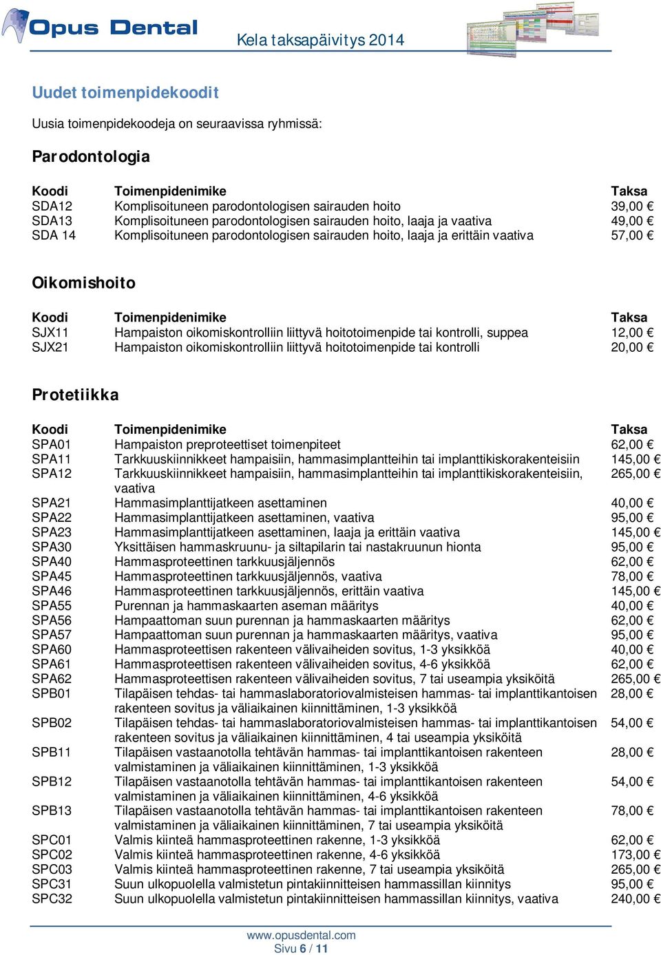 Hampaiston oikomiskontrolliin liittyvä hoitotoimenpide tai kontrolli, suppea 12,00 SJX21 Hampaiston oikomiskontrolliin liittyvä hoitotoimenpide tai kontrolli 20,00 Protetiikka Koodi Toimenpidenimike