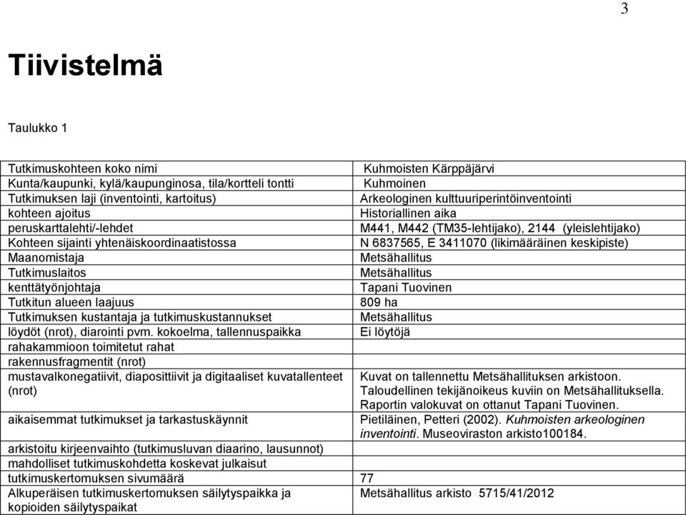 kokoelma, tallennuspaikka rahakammioon toimitetut rahat rakennusfragmentit (nrot) mustavalkonegatiivit, diaposittiivit ja digitaaliset kuvatallenteet (nrot) aikaisemmat tutkimukset ja