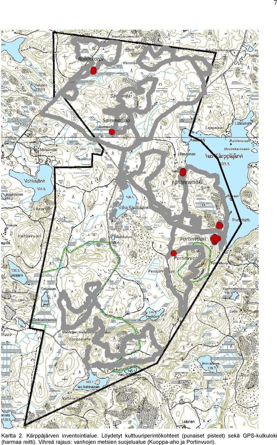 pisteet) sekä GPS-kulkuloki (harmaa reitti).