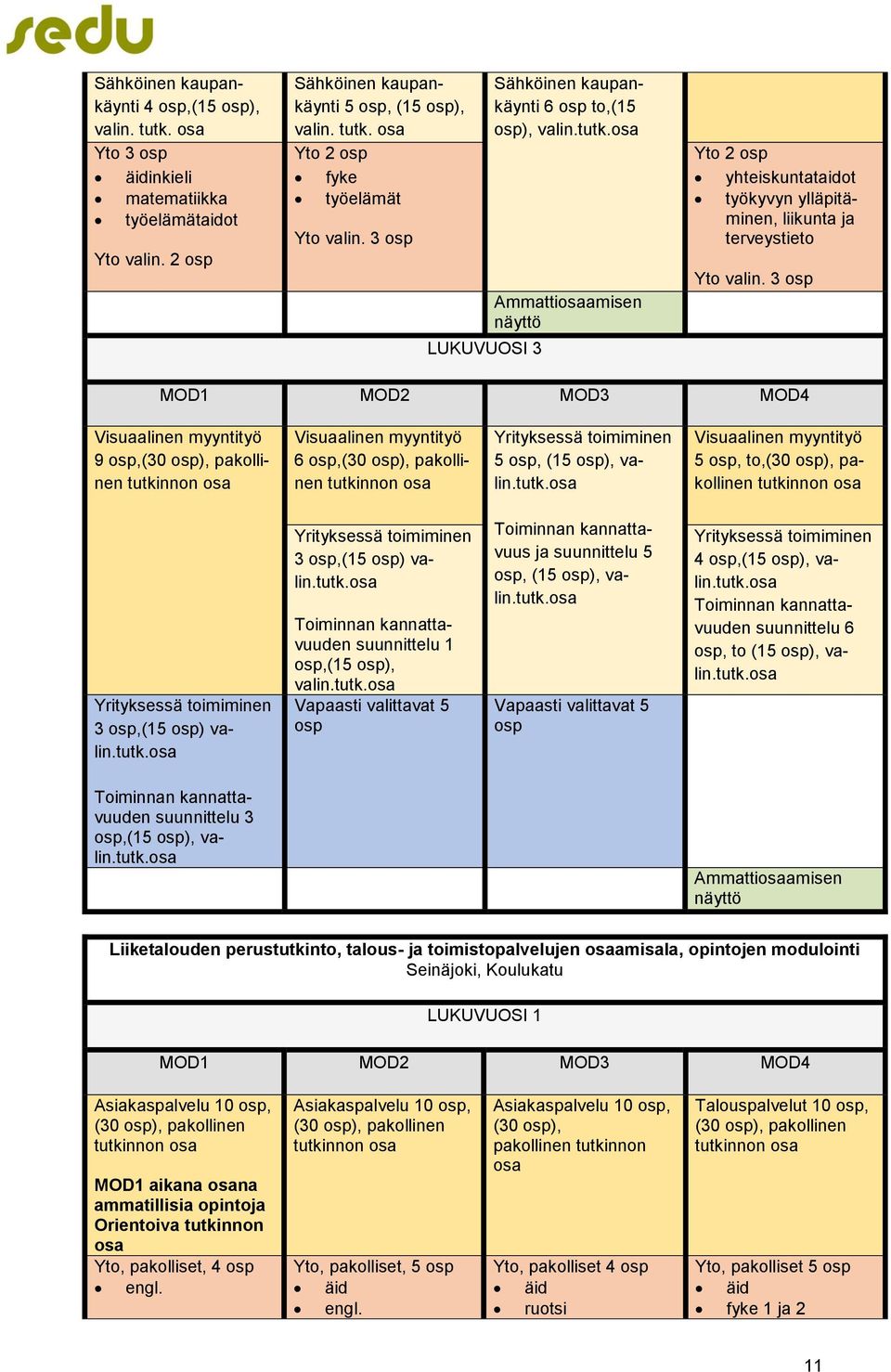 3 osp MOD1 MOD2 MOD3 MOD4 Visuaalinen myyntityö 9 osp,(30 osp), pakollinen tutkinnon osa Visuaalinen myyntityö 6 osp,(30 osp), pakollinen tutkinnon osa Yrityksessä toimiminen 5 osp, (15 osp), valin.