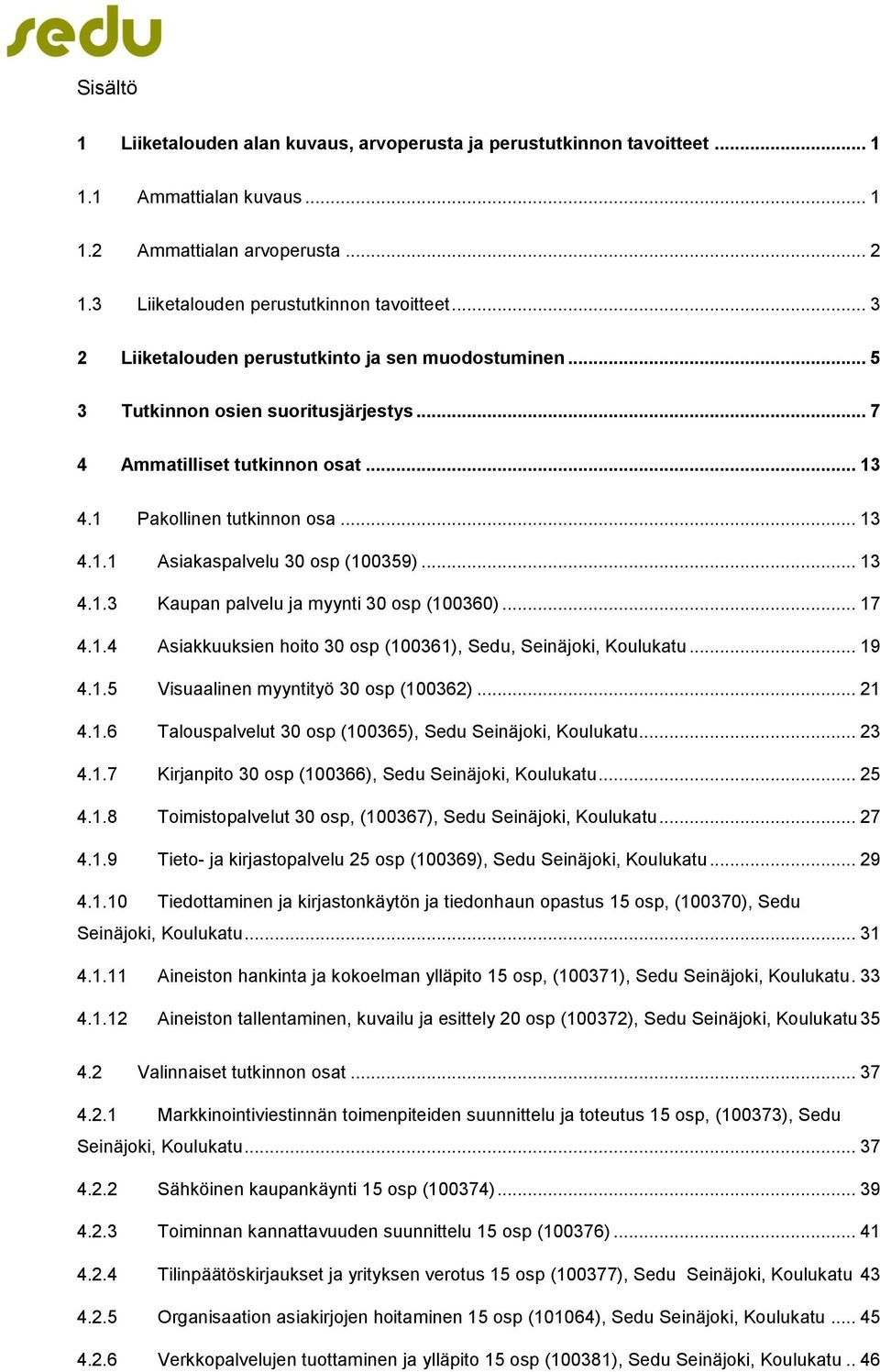 .. 13 4.1.3 Kaupan palvelu ja myynti 30 osp (100360)... 17 4.1.4 Asiakkuuksien hoito 30 osp (100361), Sedu, Seinäjoki, Koulukatu... 19 4.1.5 Visuaalinen myyntityö 30 osp (100362)... 21 4.1.6 Talouspalvelut 30 osp (100365), Sedu Seinäjoki, Koulukatu.