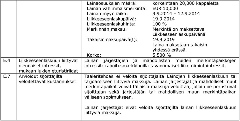 9.2014 Liikkeeseenlaskuhinta: 100 % Merkinnän maksu: Merkintä on maksettava Liikkeeseenlaskupäivänä Takaisinmaksupäivä(t): 19.9.2019 Laina maksetaan takaisin yhdessä erässä.