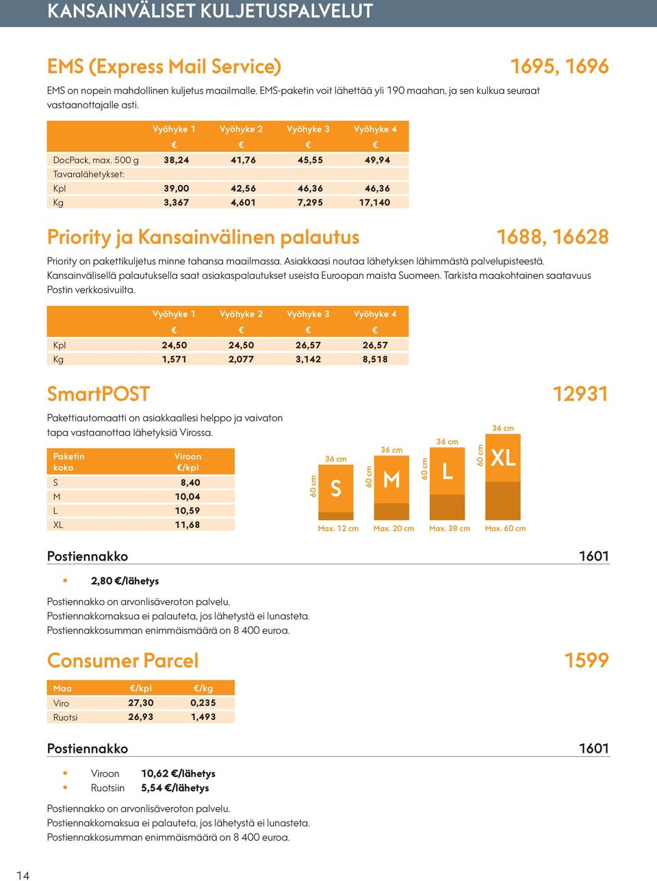 500 g 38,24 41,76 45,55 49,94 Tavaralähetykset: Kpl 39,00 42,56 46,36 46,36 Kg 3,367 4,601 7,295 17,140 Priority ja Kansainvälinen palautus 1688, 16628 Priority on pakettikuljetus minne tahansa