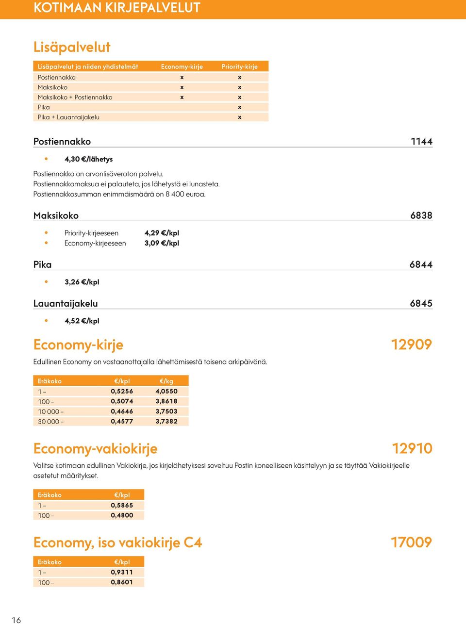 Maksikoko 6838 Priority-kirjeeseen 4,29 Economy-kirjeeseen 3,09 Pika 6844 3,26 Lauantaijakelu 6845 4,52 Economy-kirje 12909 Edullinen Economy on vastaanottajalla lähettämisestä toisena arkipäivänä.