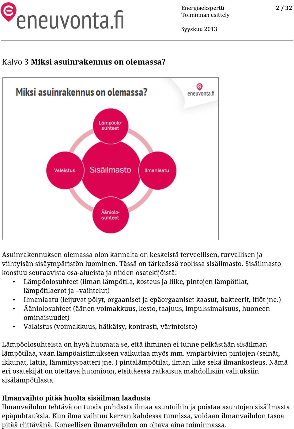 Sisäilmasto koostuu seuraavista osa-alueista ja niiden osatekijöistä: Lämpöolosuhteet (ilman lämpötila, kosteus ja liike, pintojen lämpötilat, lämpötilaerot ja vaihtelut) Ilmanlaatu (leijuvat pölyt,