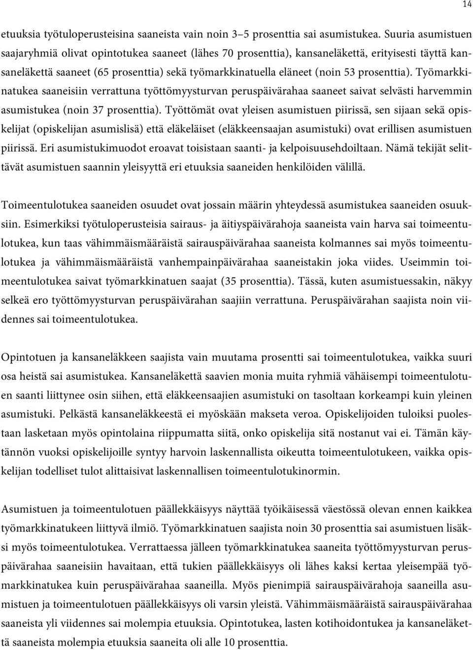 prosenttia). Työmarkkinatukea saaneisiin verrattuna työttömyysturvan peruspäivärahaa saaneet saivat selvästi harvemmin asumistukea (noin 37 prosenttia).