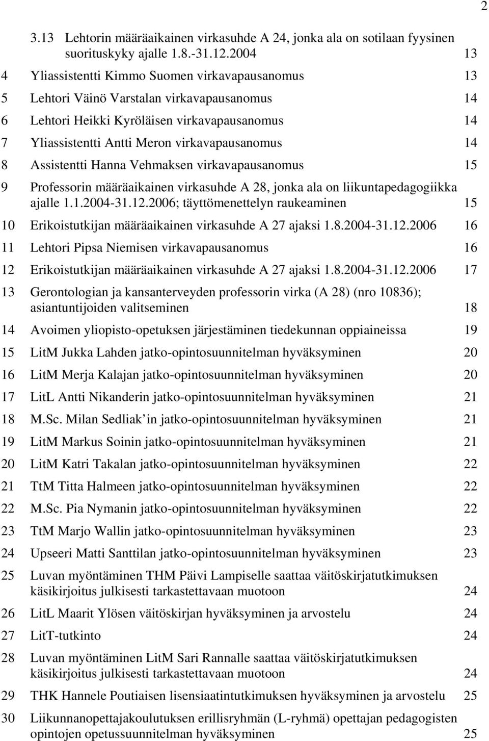 virkavapausanomus 14 8 Assistentti Hanna Vehmaksen virkavapausanomus 15 9 Professorin määräaikainen virkasuhde A 28, jonka ala on liikuntapedagogiikka ajalle 1.1.2004-31.12.