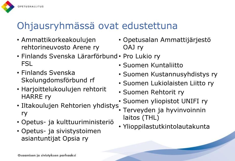 Kuntaliitto Suomen Kustannusyhdistys ry Suomen Lukiolaisten Liitto ry Harjoittelukoulujen rehtorit Suomen Rehtorit ry HARRE ry Suomen