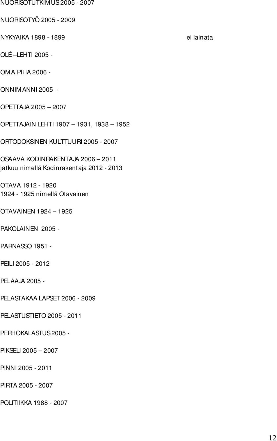 2012-2013 OTAVA 1912-1920 1924-1925 nimellä Otavainen OTAVAINEN 1924 1925 PAKOLAINEN 2005 - PARNASSO 1951 - PEILI 2005-2012 PELAAJA 2005 -