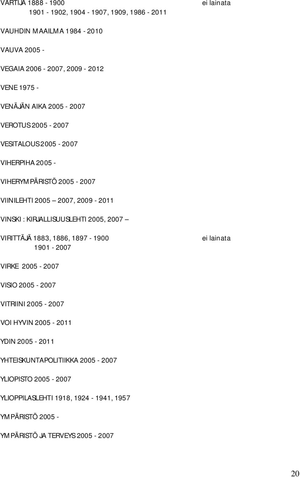 KIRJALLISUUSLEHTI 2005, 2007 VIRITTÄJÄ 1883, 1886, 1897-1900 1901-2007 VIRKE 2005-2007 VISIO 2005-2007 VITRIINI 2005-2007 VOI HYVIN 2005-2011