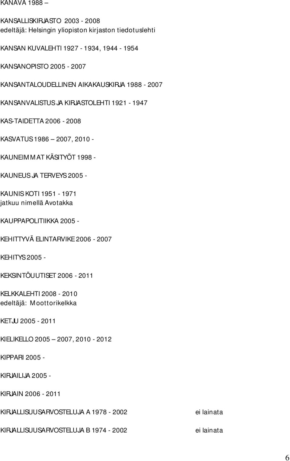 KOTI 1951-1971 jatkuu nimellä Avotakka KAUPPAPOLITIIKKA 2005 - KEHITTYVÄ ELINTARVIKE 2006-2007 KEHITYS 2005 - KEKSINTÖUUTISET 2006-2011 KELKKALEHTI 2008-2010 edeltäjä: