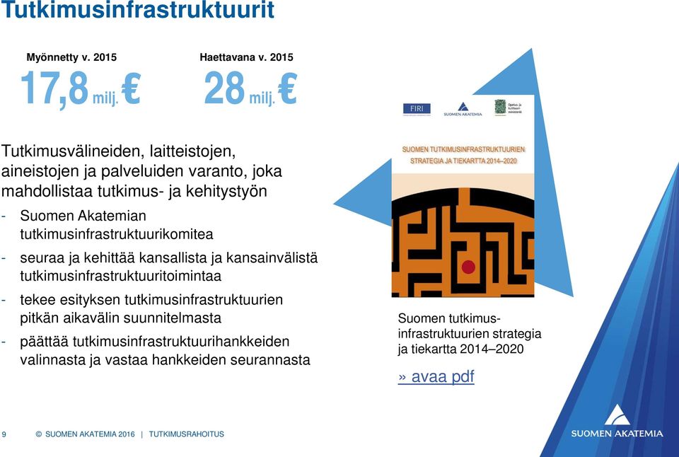 tutkimusinfrastruktuurikomitea - seuraa ja kehittää kansallista ja kansainvälistä tutkimusinfrastruktuuritoimintaa - tekee esityksen