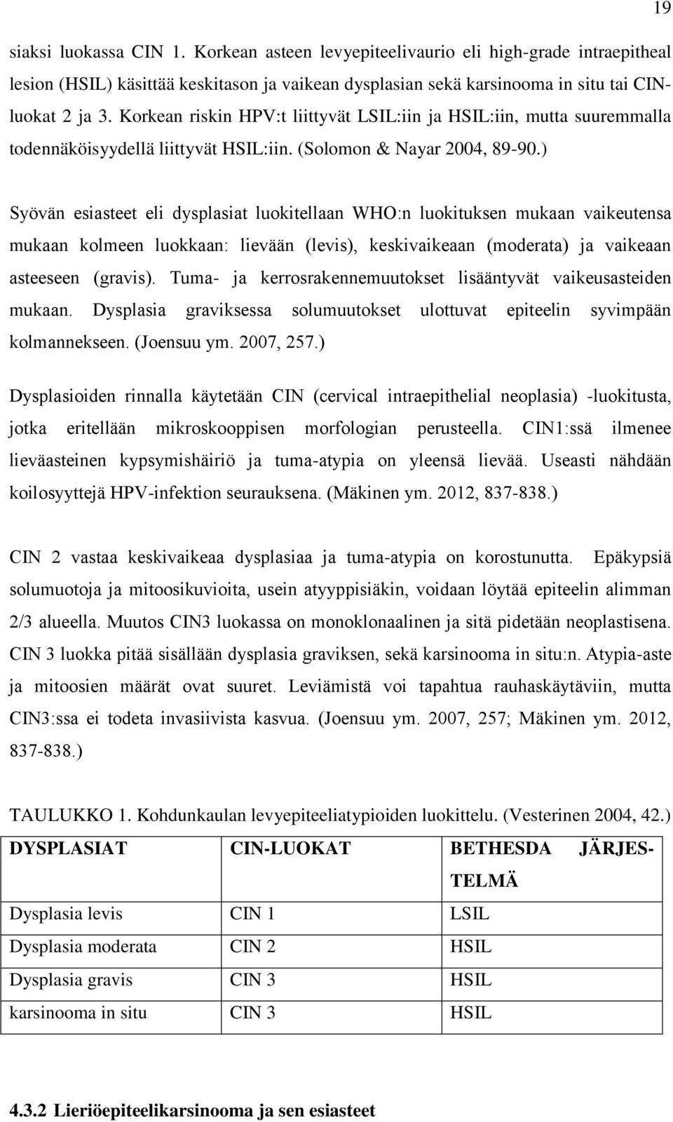 ) Syövän esiasteet eli dysplasiat luokitellaan WHO:n luokituksen mukaan vaikeutensa mukaan kolmeen luokkaan: lievään (levis), keskivaikeaan (moderata) ja vaikeaan asteeseen (gravis).