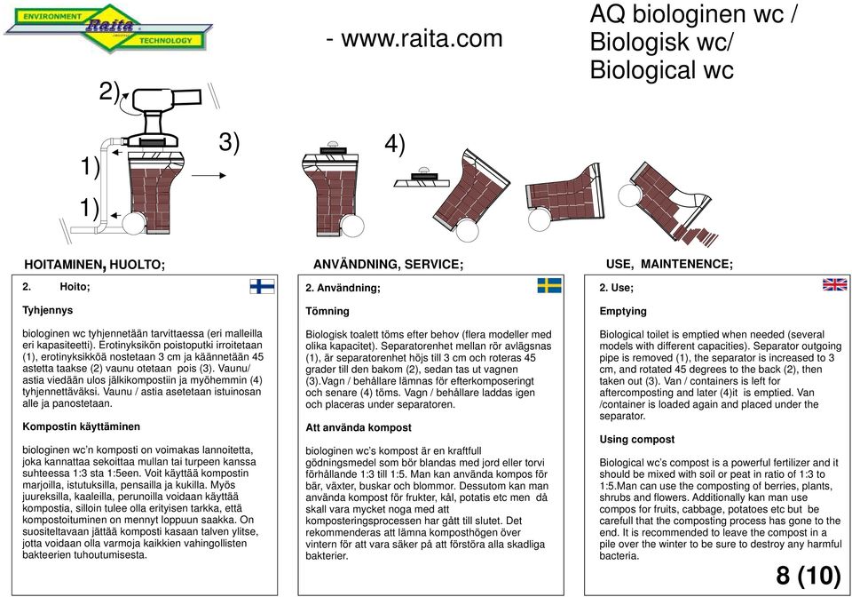 Erotinyksikön poistoputki irroitetaan (, erotinyksikköä nostetaan 3 cm ja käännetään 45 astetta taakse (2) vaunu otetaan pois (3).