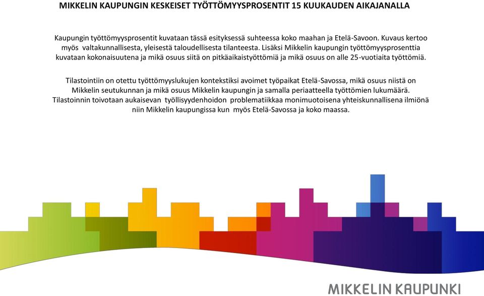 Lisäksi Mikkelin kaupungin työttömyysprosenttia kuvataan kokonaisuutena ja mikä osuus siitä on pitkäaikaistyöttömiä ja mikä osuus on alle 25-vuotiaita työttömiä.