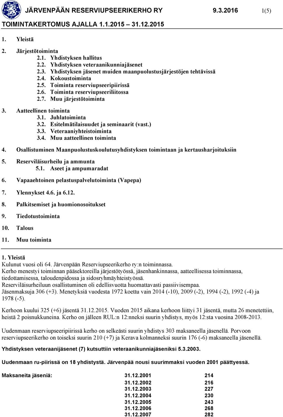 ) 3.3. Veteraaniyhteistoiminta 3.4. Muu aatteellinen toiminta 4. Osallistuminen Maanpuolustuskoulutusyhdistyksen toimintaan ja kertausharjoituksiin 5. Reserviläisurheilu ja ammunta 5.1.