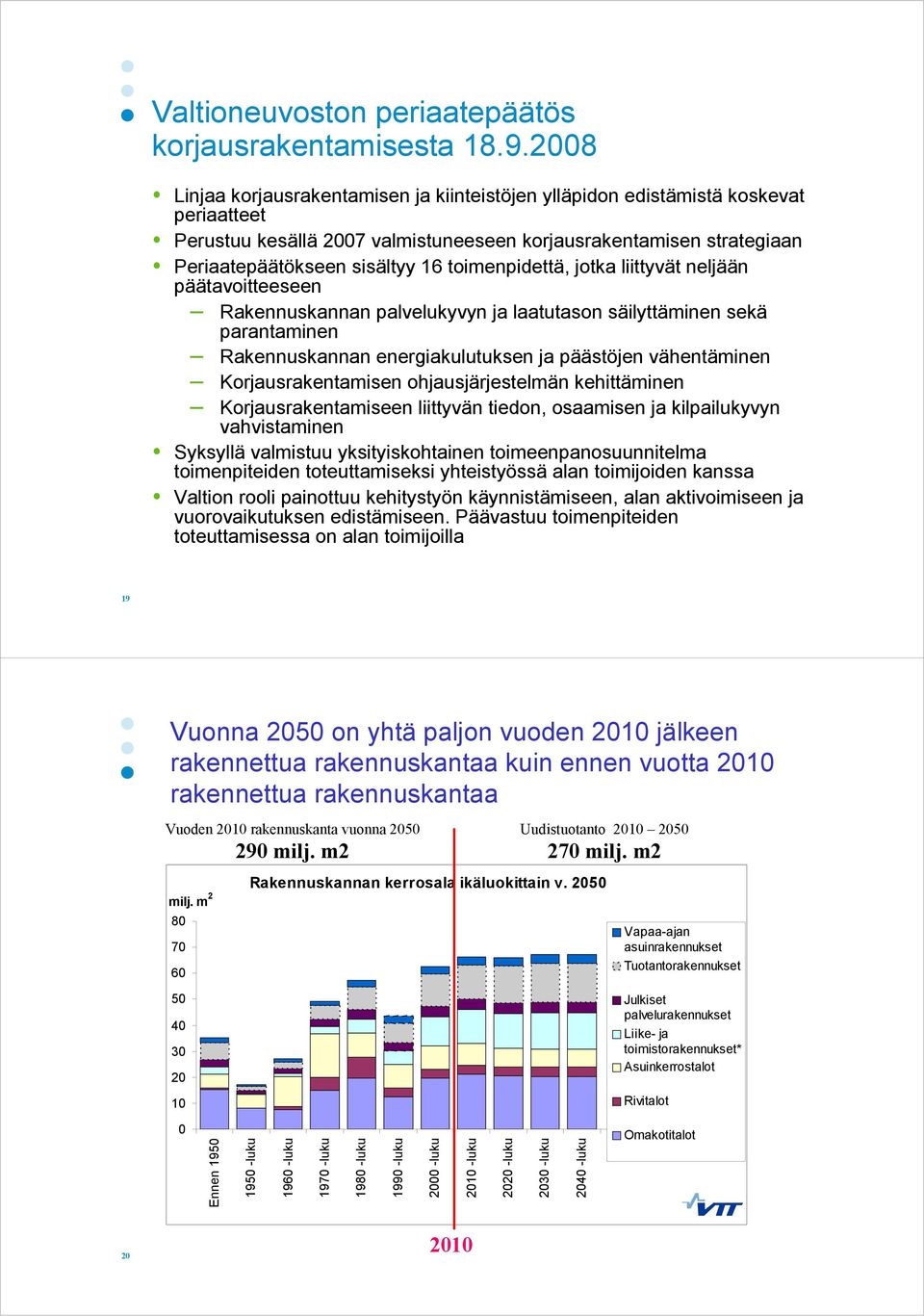 toimenpidettä, jotka liittyvät neljään päätavoitteeseen Rakennuskannan palvelukyvyn ja laatutason säilyttäminen sekä parantaminen Rakennuskannan energiakulutuksen ja päästöjen vähentäminen