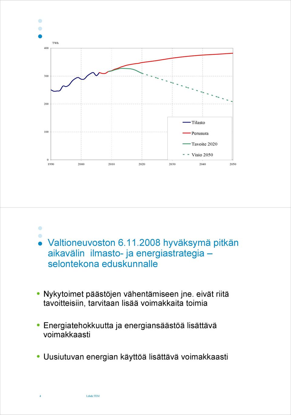 2008 hyväksymä pitkän aikavälin ilmasto- ja energiastrategia selontekona eduskunnalle Nykytoimet päästöjen vähentämiseen jne.