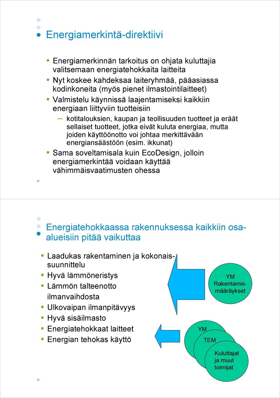 energiaa, mutta joiden käyttöönotto voi johtaa merkittävään energiansäästöön (esim.