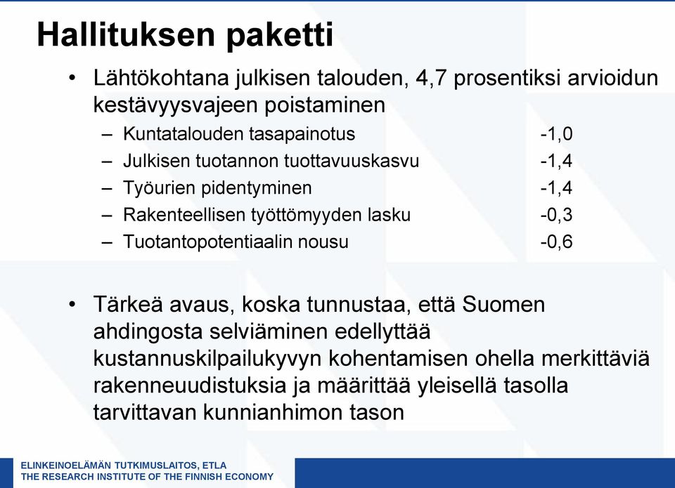 Tuotantopotentiaalin nousu -0,6 Tärkeä avaus, koska tunnustaa, että Suomen ahdingosta selviäminen edellyttää kustannuskilpailukyvyn