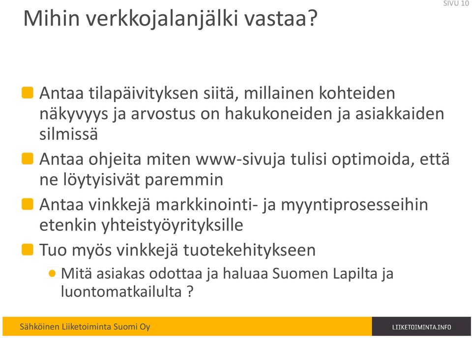 asiakkaiden silmissä Antaa ohjeita miten www-sivuja tulisi optimoida, että ne löytyisivät paremmin