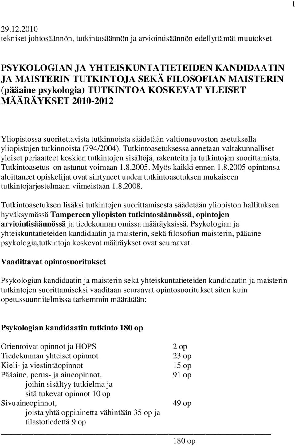 psykologia) TUTKINTOA KOSKEVAT YLEISET MÄÄRÄYKSET 2010-2012 Yliopistossa suoritettavista tutkinnoista säädetään valtioneuvoston asetuksella yliopistojen tutkinnoista (794/2004).