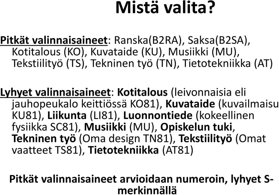 (TN), Tietotekniikka (AT) Lyhyet valinnaisaineet: Kotitalous (leivonnaisia eli jauhopeukalo keittiössä KO81), Kuvataide (kuvailmaisu