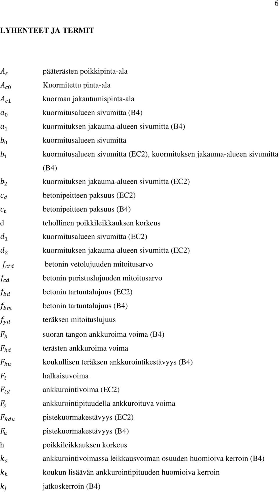 poikkileikkauksen korkeus kuormitusalueen sivumitta (EC2) kuormituksen jakauma-alueen sivumitta (EC2) betonin vetolujuuden mitoitusarvo betonin puristuslujuuden mitoitusarvo betonin tartuntalujuus