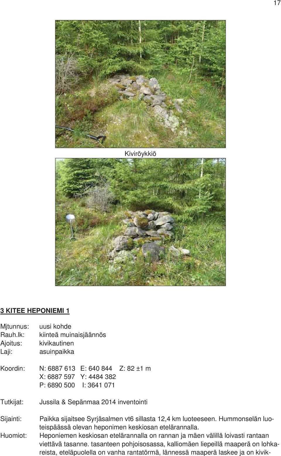 3641 071 Tutkijat: Sijainti: Huomiot: Jussila & Sepänmaa 2014 inventointi Paikka sijaitsee Syrjäsalmen vt6 sillasta 12,4 km luoteeseen.