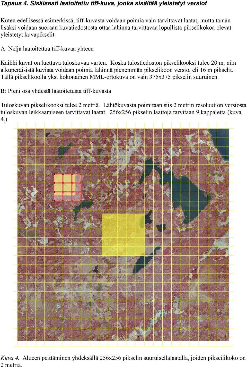 kuvatiedostosta ottaa lähinnä tarvittavaa lopullista pikselikokoa olevat yleistetyt kuvapikselit. A: Neljä laatoitettua tiff-kuvaa yhteen Kaikki kuvat on luettava tuloskuvaa varten.