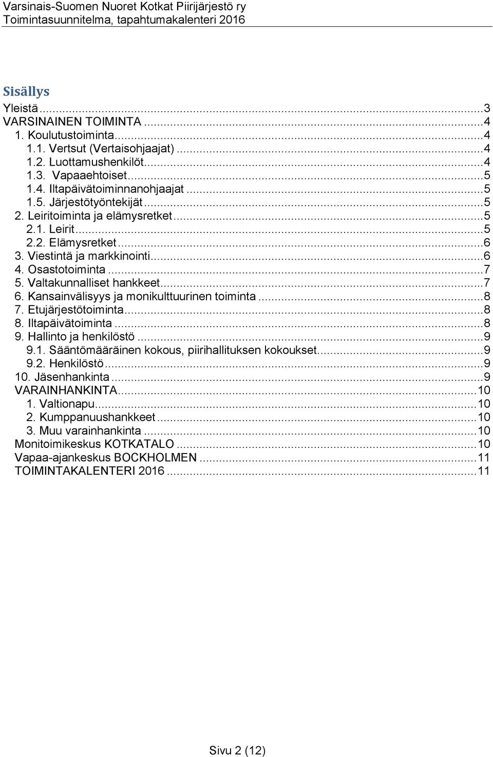 Kansainvälisyys ja monikulttuurinen toiminta... 8 7. Etujärjestötoiminta... 8 8. Iltapäivätoiminta... 8 9. Hallinto ja henkilöstö... 9 9.1. Sääntömääräinen kokous, piirihallituksen kokoukset... 9 9.2.