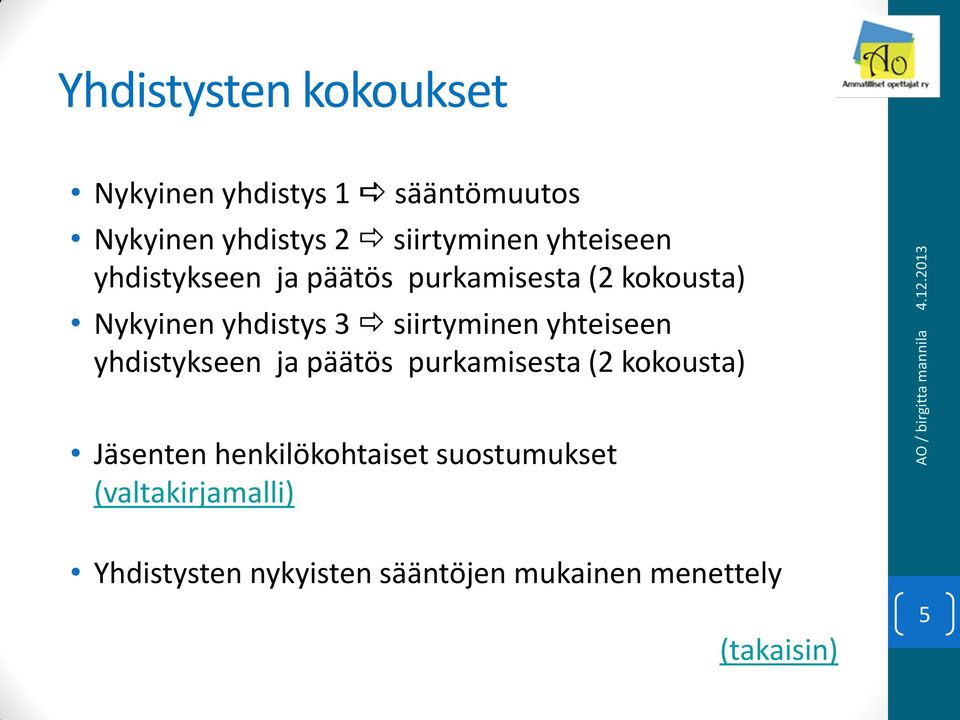 siirtyminen yhteiseen yhdistykseen ja päätös purkamisesta (2 kokousta) Jäsenten