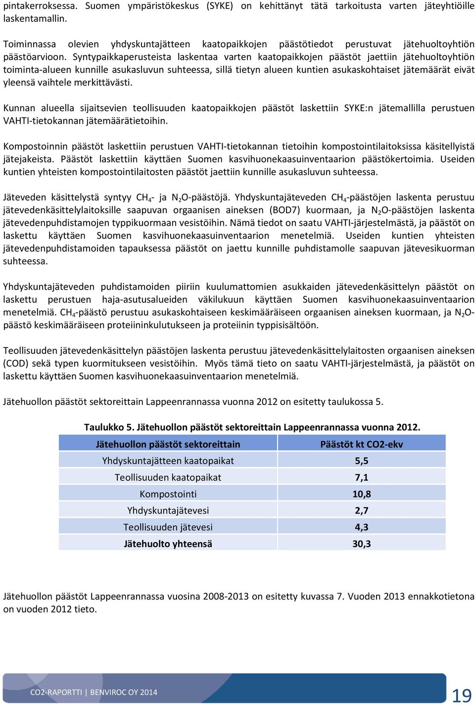 Syntypaikkaperusteista laskentaa varten kaatopaikkojen päästöt jaettiin jätehuoltoyhtiön toiminta-alueen kunnille asukasluvun suhteessa, sillä tietyn alueen kuntien asukaskohtaiset jätemäärät eivät