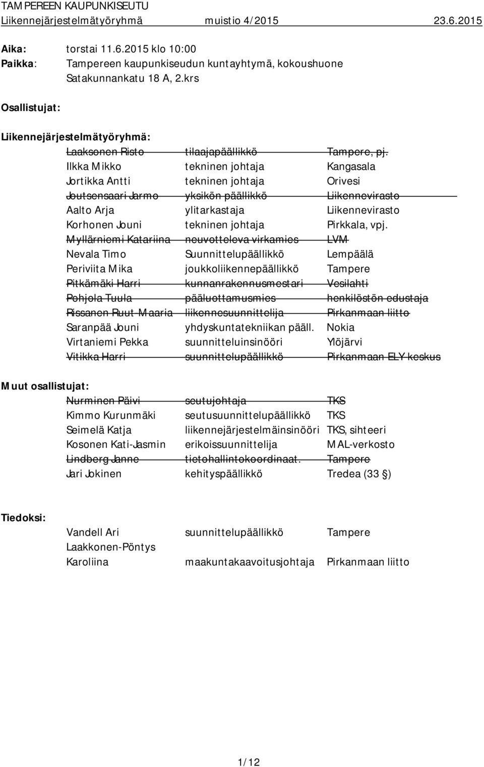 Ilkka Mikko tekninen johtaja Kangasala Jortikka Antti tekninen johtaja Orivesi Joutsensaari Jarmo yksikön päällikkö Liikennevirasto Aalto Arja ylitarkastaja Liikennevirasto Korhonen Jouni tekninen