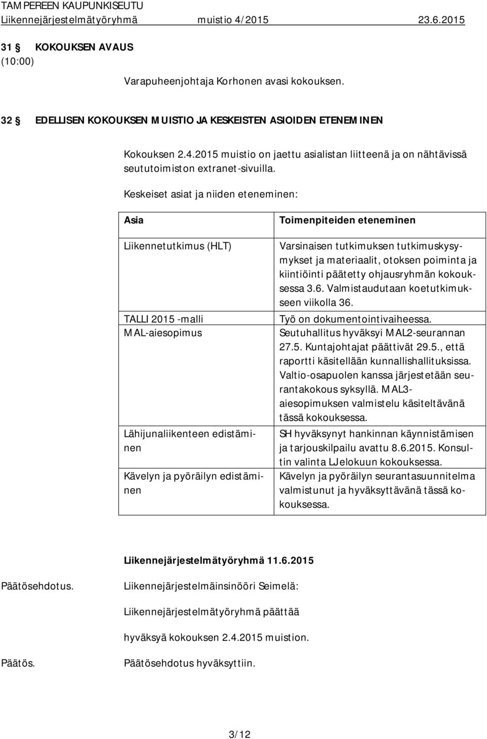 Keskeiset asiat ja niiden eteneminen: Asia Liikennetutkimus (HLT) TALLI 2015 -malli MAL-aiesopimus Lähijunaliikenteen edistäminen Kävelyn ja pyöräilyn edistäminen Toimenpiteiden eteneminen