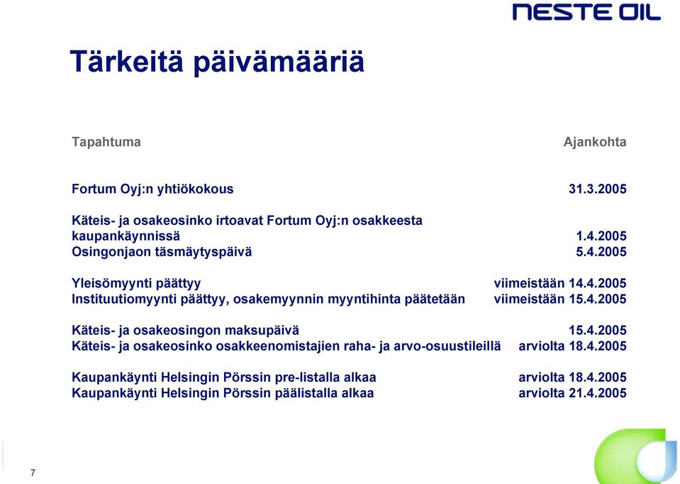 4.2005 Käteis- ja osakeosingon maksupäivä 15.4.2005 Käteis- ja osakeosinko osakkeenomistajien raha- ja arvo-osuustileillä arviolta 18.4.2005 Kaupankäynti Helsingin Pörssin pre-listalla alkaa arviolta 18.