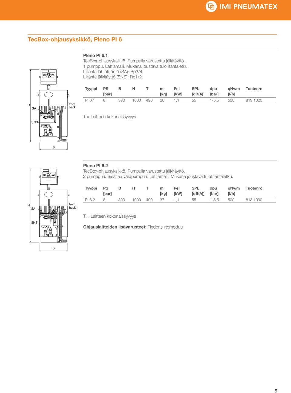 1 8 390 1000 490 26 1,1 55 1-5,5 500 813 1020 SNS Pleno PI 6.2 Tecox-ohjausyksikkö. Pumpulla varustettu jälkitäyttö. 2 pumppua. Sisältää varapumpun.