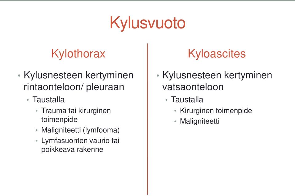 (lymfooma) Lymfasuonten vaurio tai poikkeava rakenne Kyloascites