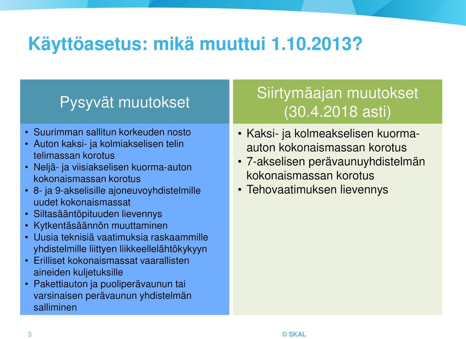 9-akselisille ajoneuvoyhdistelmille uudet kokonaismassat Siltasääntöpituuden lievennys Kytkentäsäännön muuttaminen Uusia teknisiä vaatimuksia raskaammille yhdistelmille liittyen