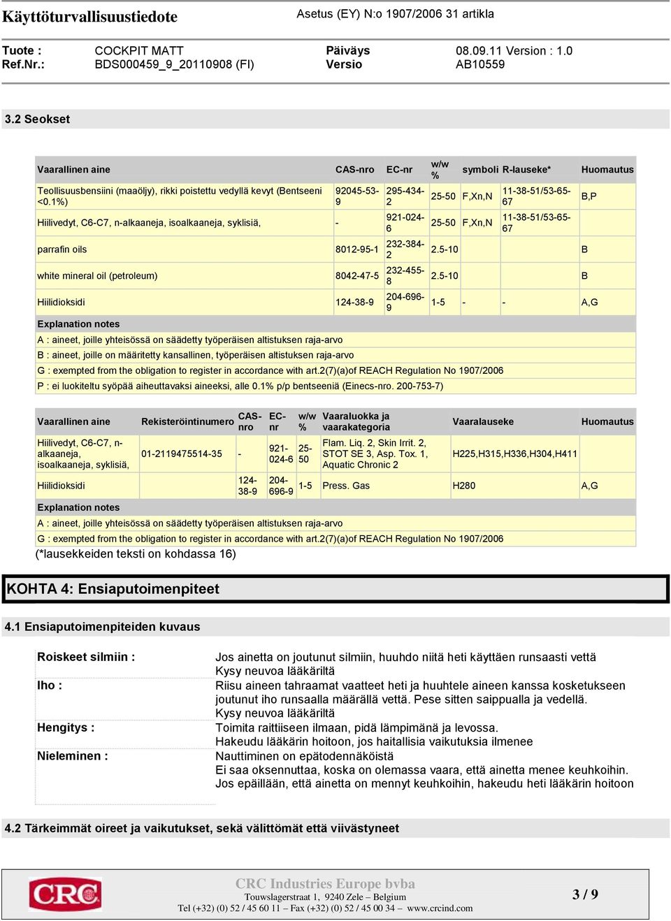 124-38-9 Explanation notes A : aineet, joille yhteisössä on säädetty työperäisen altistuksen raja-arvo B : aineet, joille on määritetty kansallinen, työperäisen altistuksen raja-arvo 204-696- 9 w/w %