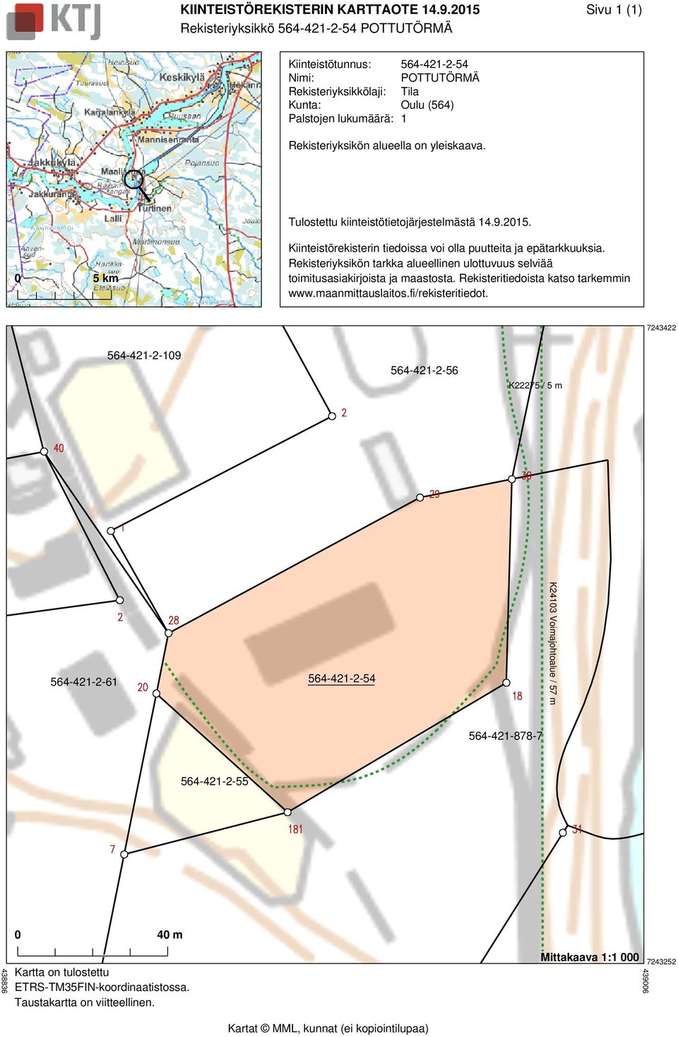 Tulostettu kiinteistötietojärjestelmästä 14.9.2015. 0 5 km Rekisteriyksikön tarkka alueellinen ulottuvuus selviää toimitusasiakirjoista ja maastosta.