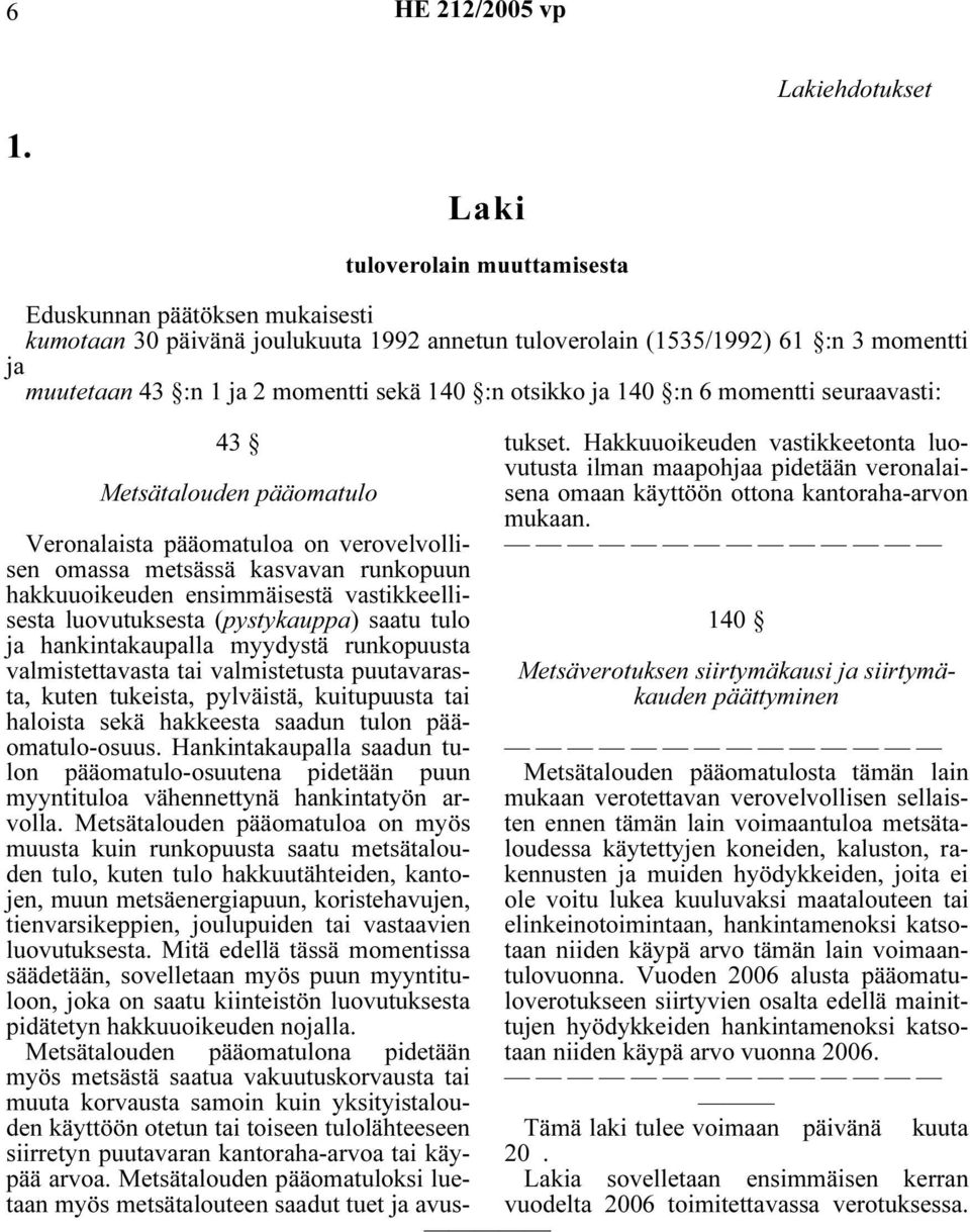 otsikko ja 140 :n 6 momentti seuraavasti: 43 Metsätalouden pääomatulo Veronalaista pääomatuloa on verovelvollisen omassa metsässä kasvavan runkopuun hakkuuoikeuden ensimmäisestä vastikkeellisesta