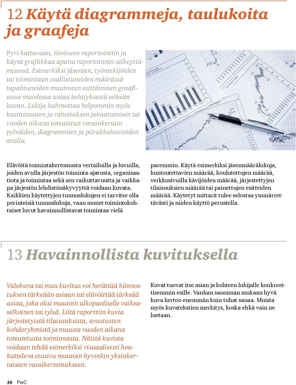 Lukija hahmottaa helpommin myös kustannusten ja rahoituksen jakautumisen tai vuoden aikana toteutetun varainkeruun pylväiden, diagrammien ja piirakkakuvioiden avulla.