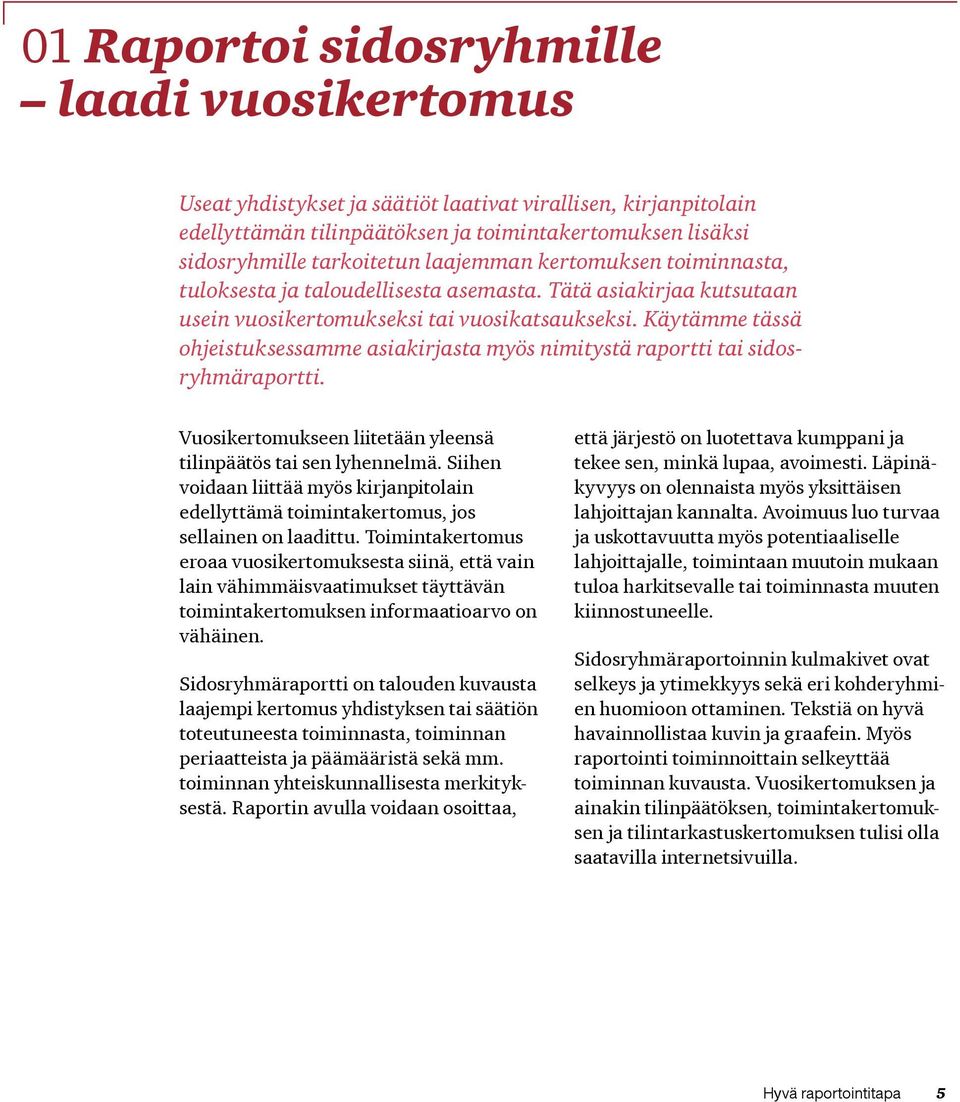 Käytämme tässä ohjeistuksessamme asiakirjasta myös nimitystä raportti tai sidosryhmäraportti. Vuosikertomukseen liitetään yleensä tilinpäätös tai sen lyhennelmä.