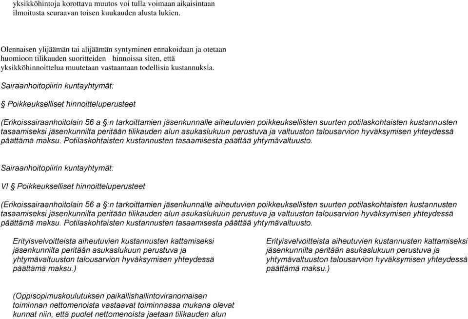 Sairaanhoitopiirin kuntayhtymät: Poikkeukselliset hinnoitteluperusteet (Erikoissairaanhoitolain 56 a :n tarkoittamien jäsenkunnalle aiheutuvien poikkeuksellisten suurten potilaskohtaisten