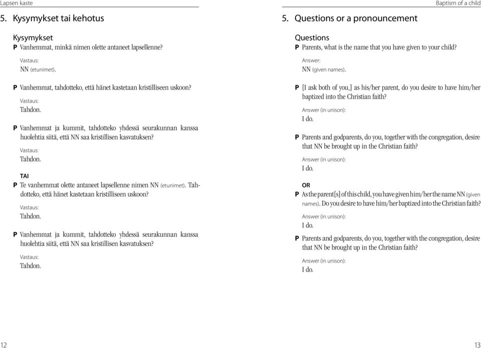 Vastaus: Tahdon. TAI P Te vanhemmat olette antaneet lapsellenne nimen NN (etunimet). Tahdotteko, että hänet kastetaan kristilliseen uskoon? Vastaus: Tahdon.